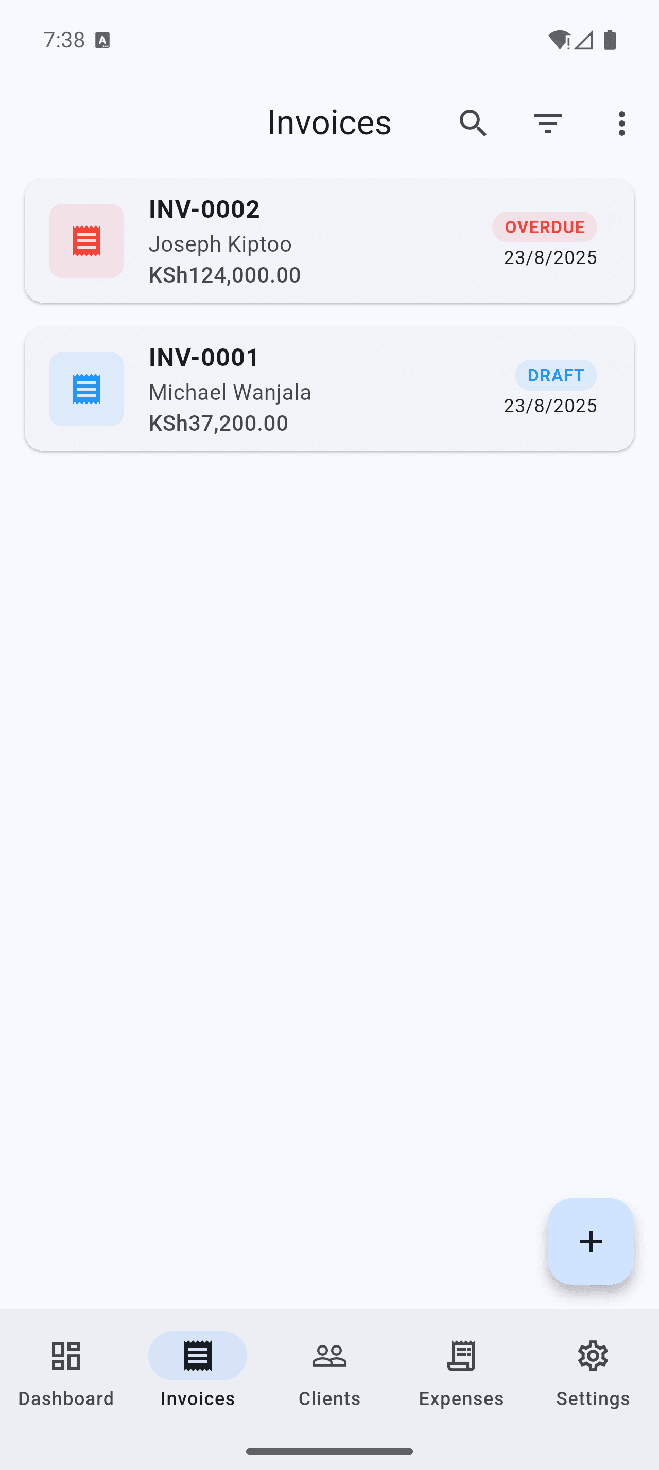 List of invoices with payment statuses