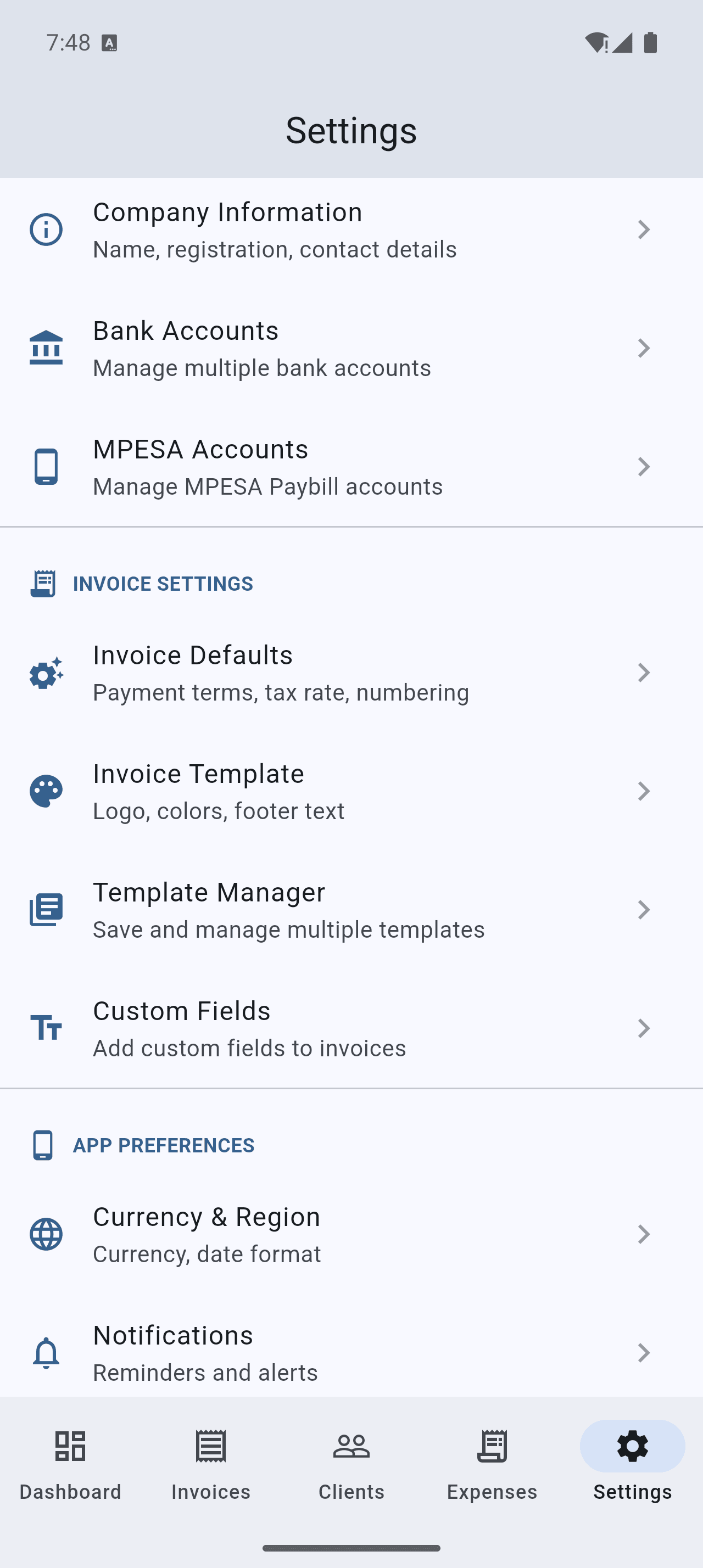 Settings and configuration screen